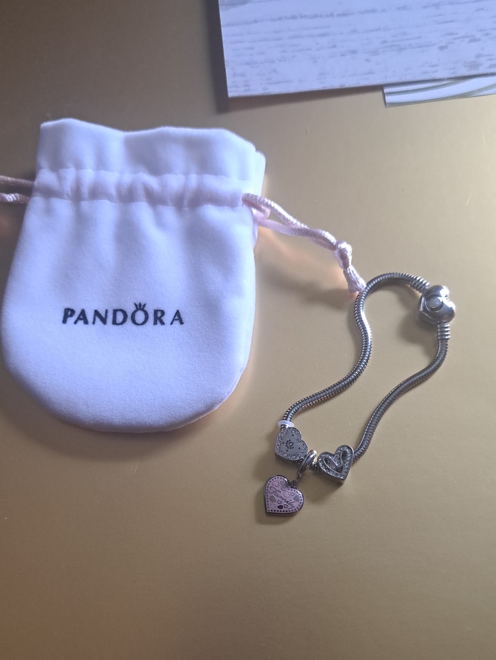 Pandora Silver Snake Chain Bracelet with Pink Heart Charm